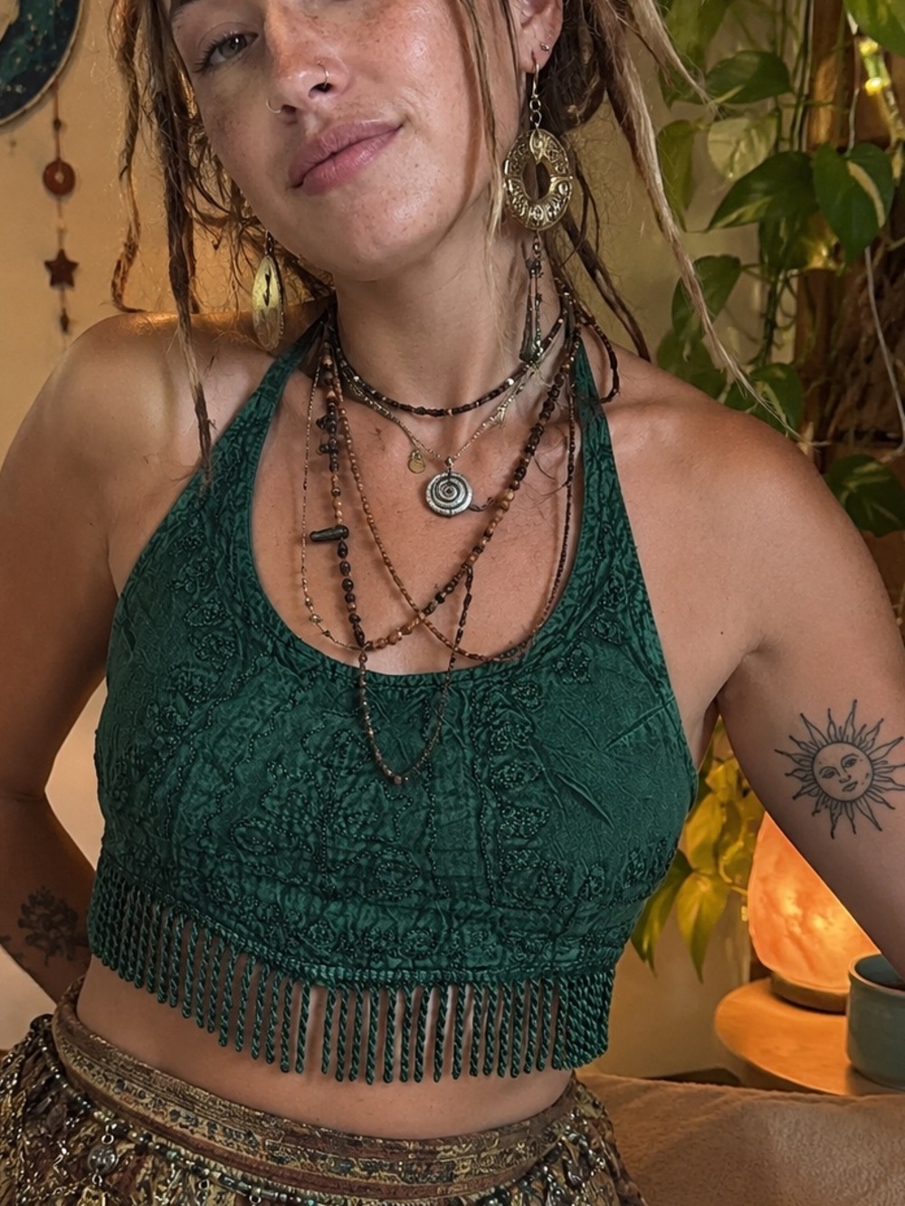 Vintage Emerald Green Embroidered Halter Festival Crop Top with Fringe